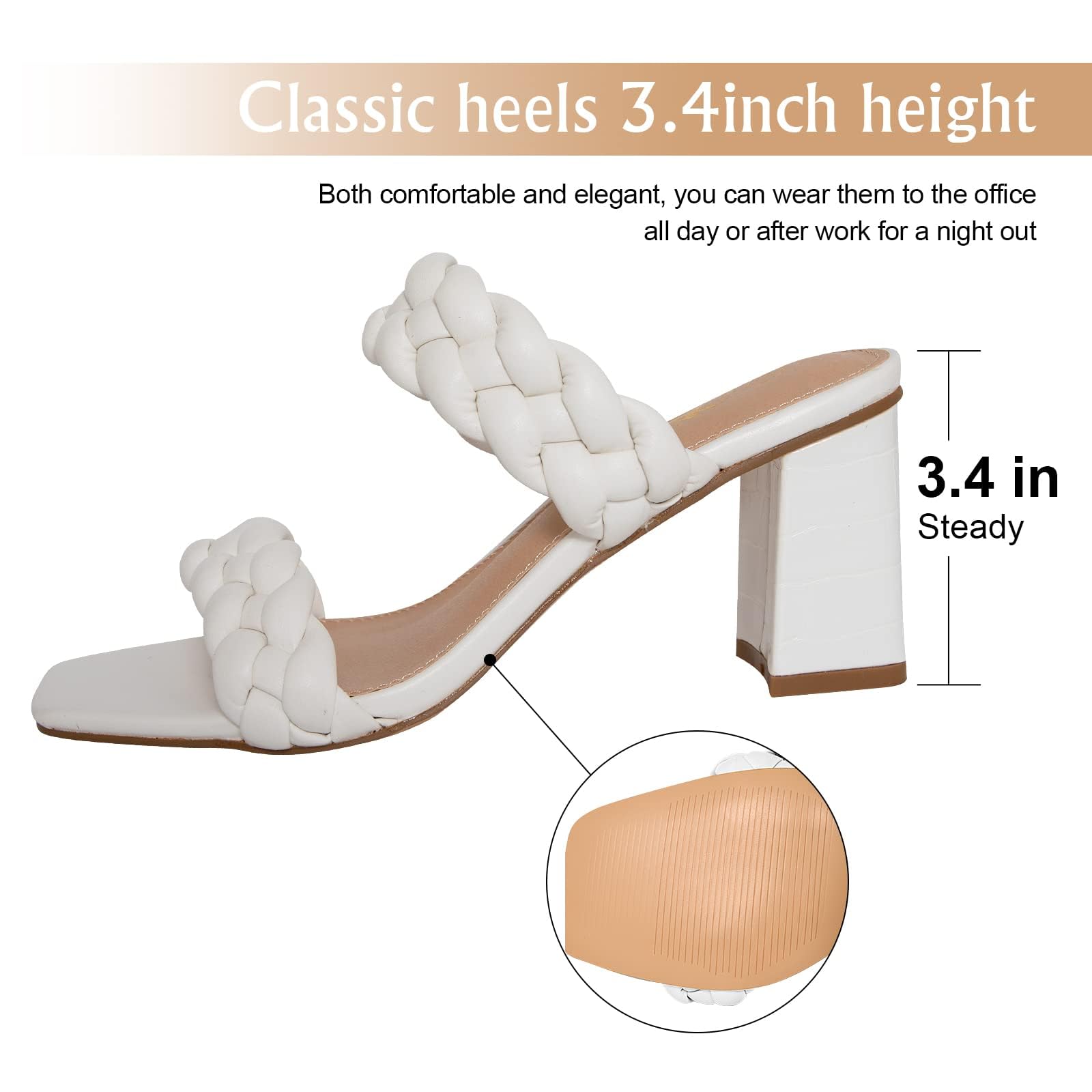 Athlefit White Braided Heeled Sandals for Women Fashion Square Open Toe Comfortable Slip on Block Heels Size 8