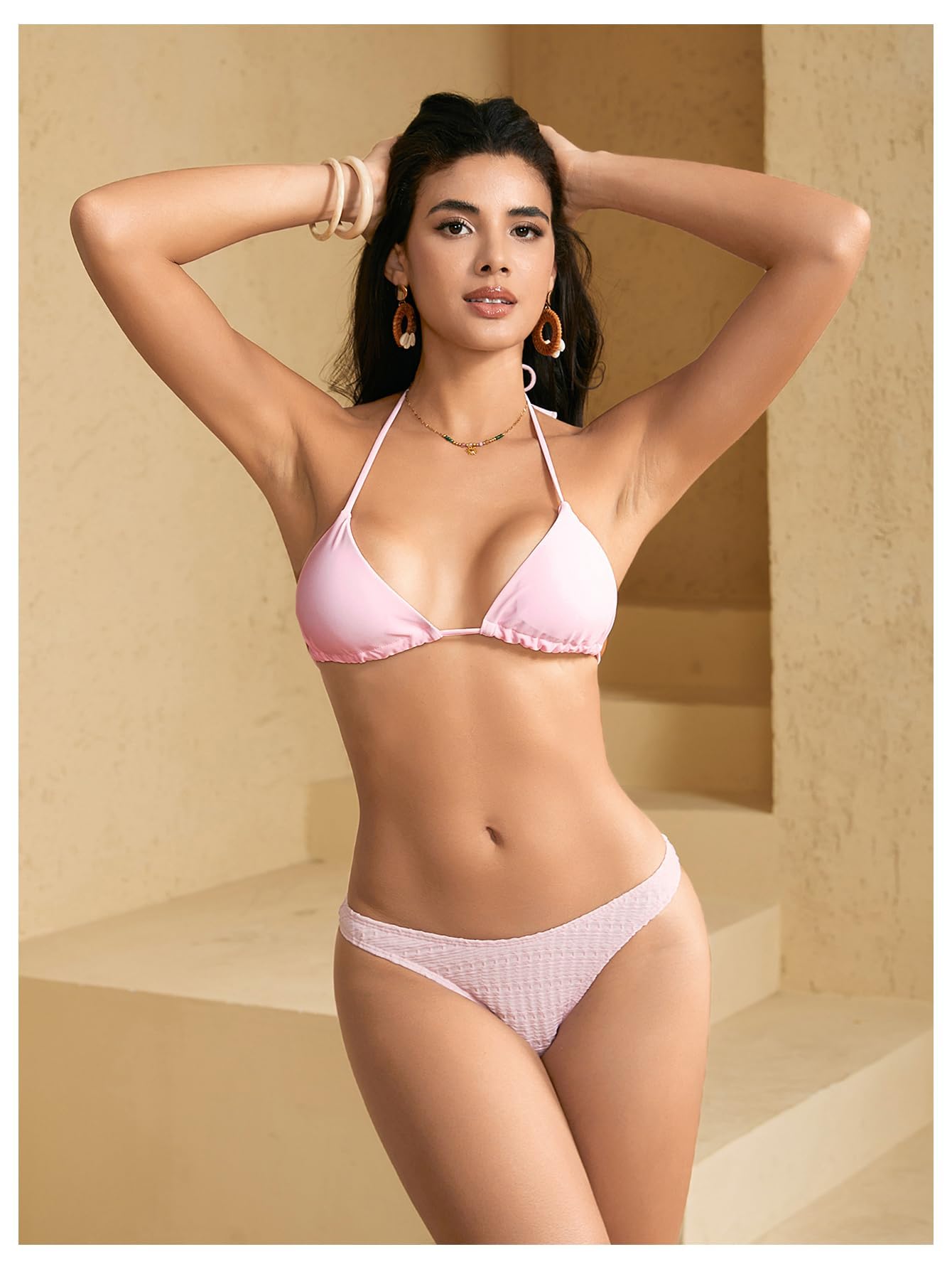 WDIRARA Women's Solid Triangle Bikini Top Sexy Halter String Micro Bathing Suits Tops Light Pink S