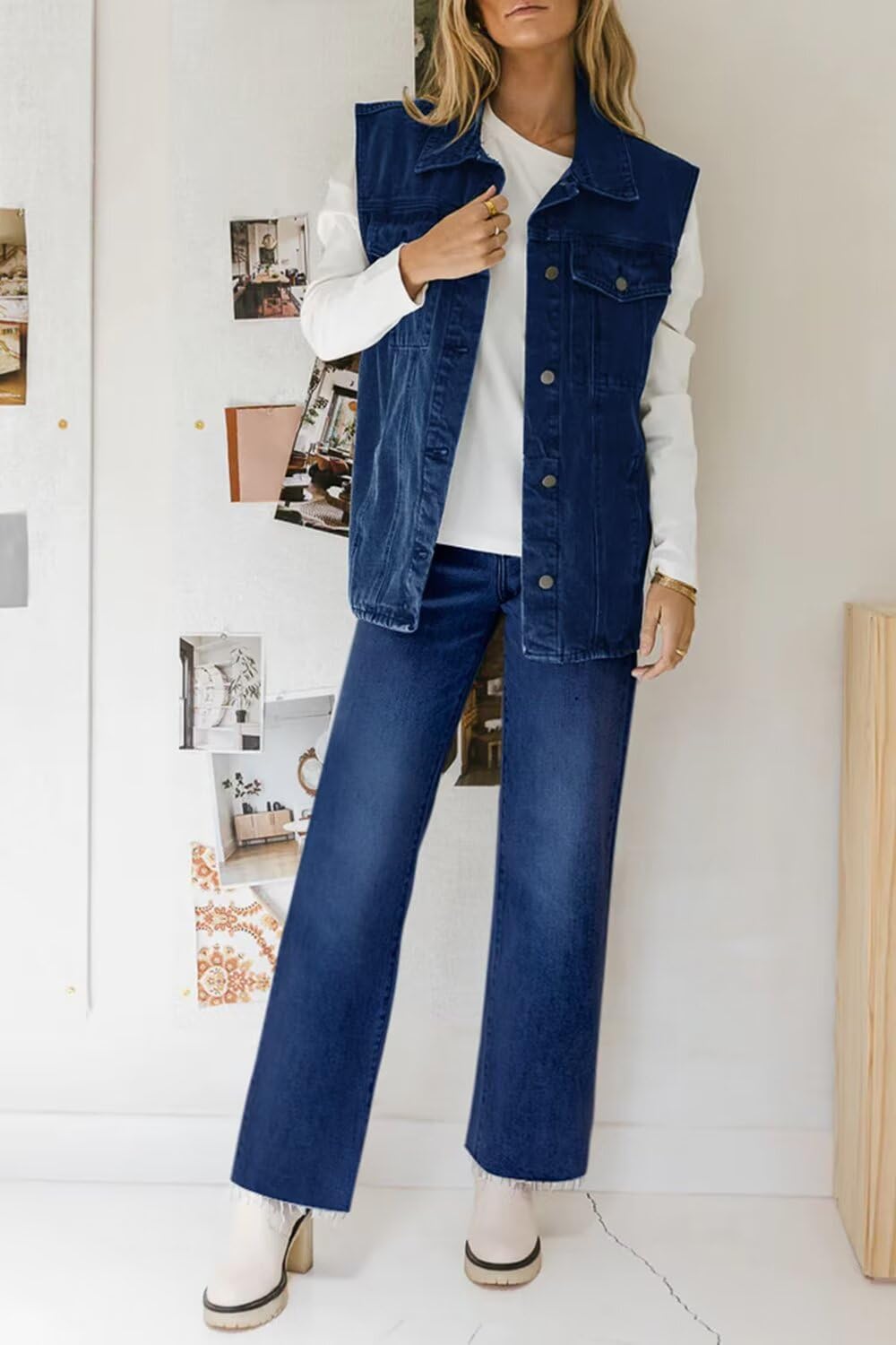 KDF Straight Leg Jeans for Women High Waisted Jeans Frayed Baggy Pants Raw Hem Loose Stretchy Cropped Wide Leg Jeans Dark Blue Size 2