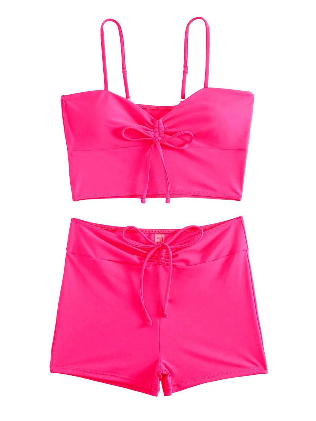 Lilosy High Waisted Tummy Control Drawstring Bikini Set String Swimsuit Cami Top and Tie Side Shorts 2 Piece Women Bathing Suit Hot Pink Small
