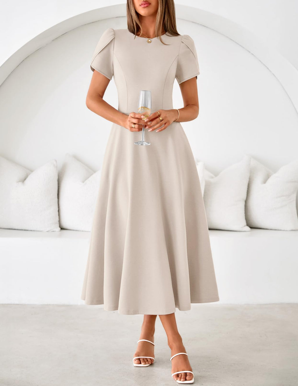 MEROKEETY Women's 2026 Summer Midi Dresses Short Sleeve Crewneck A Line Pleated Wedding Guest Flowy Long Dress with Pockets, Apricot, Large