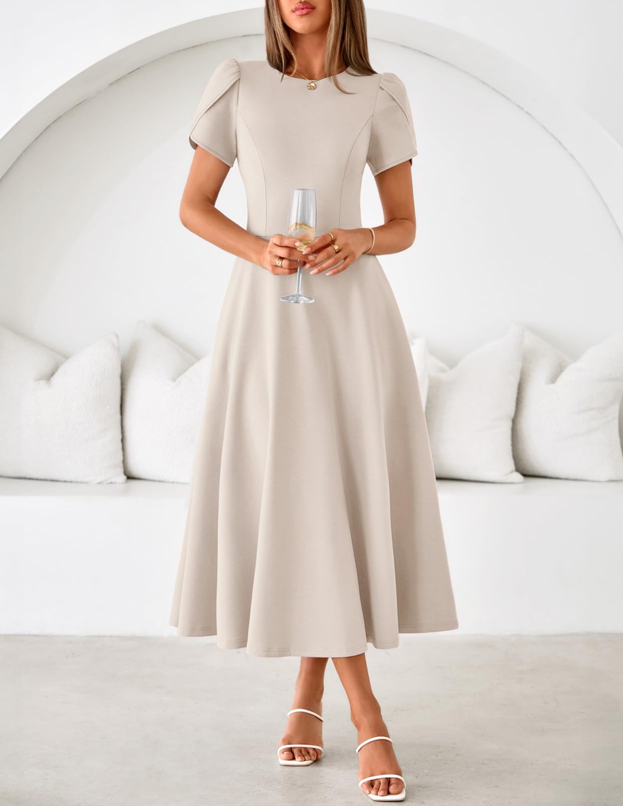 MEROKEETY Women's 2026 Summer Midi Dresses Short Sleeve Crewneck A Line Pleated Wedding Guest Flowy Long Dress with Pockets, Apricot, Large