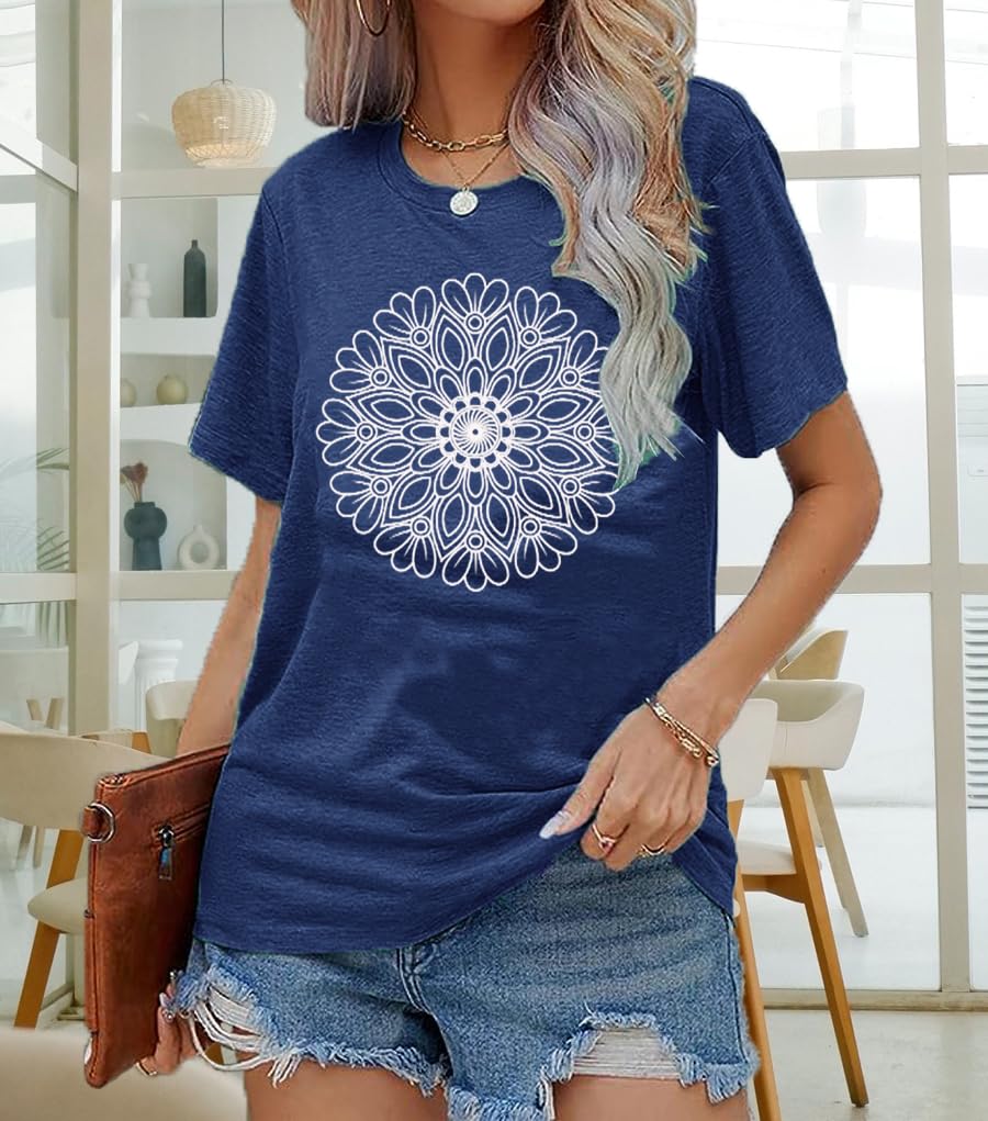 Women's Floral Tee Wildflower Graphic T Shirt Vintage Daisy Tops Short Sleeve Casual Holiday Camping Hiking Adventure Yoga Workout Shirts, Dark Blue XX-Large