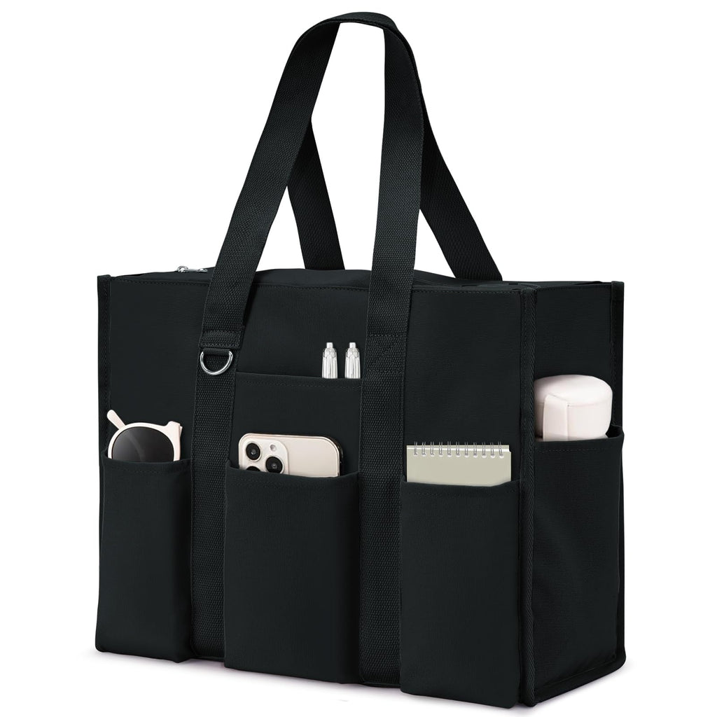 Becokan Large Tote Bag for Women Waterproof with 12 Pockets Top Zipper Closure Utility Teacher Nurse Bags for Work School