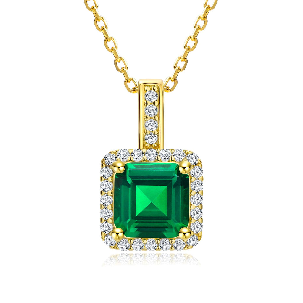 AGRULE Simple Emerald Necklace for Women Wedding Anniversary 14K Gold Plated Sterling Silver Rolo Chain Diamond Accented Green Solitaire Pendant
