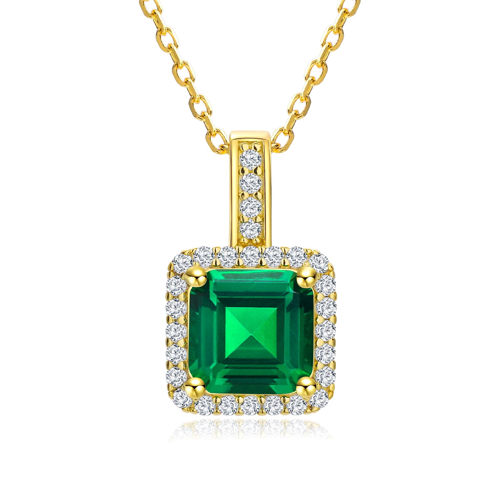 AGRULE Simple Emerald Necklace for Women Wedding Anniversary 14K Gold Plated Sterling Silver Rolo Chain Diamond Accented Green Solitaire Pendant