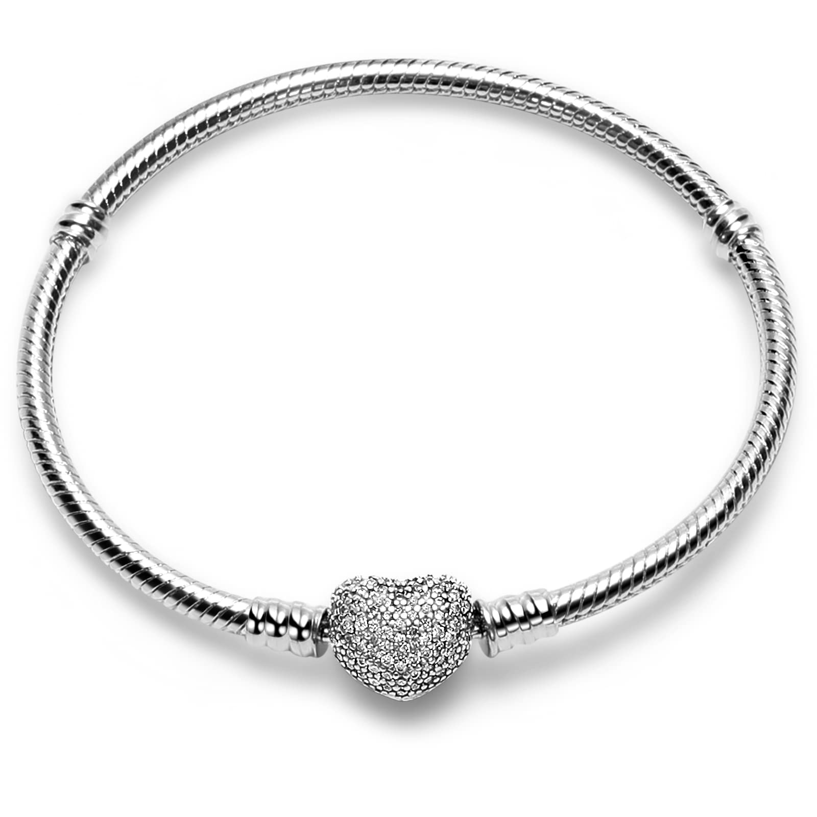 WAKCTFERG Charm Bracelet Fit For Charm beads, 925 Sterling Silver Cubic Zirconia Heart Clasp Snake Chain Bracelet Fit Any Charm Gift for Women Girl Suitable for people aged 12 to 80 (ZLL-10, 7.9in/20cm)