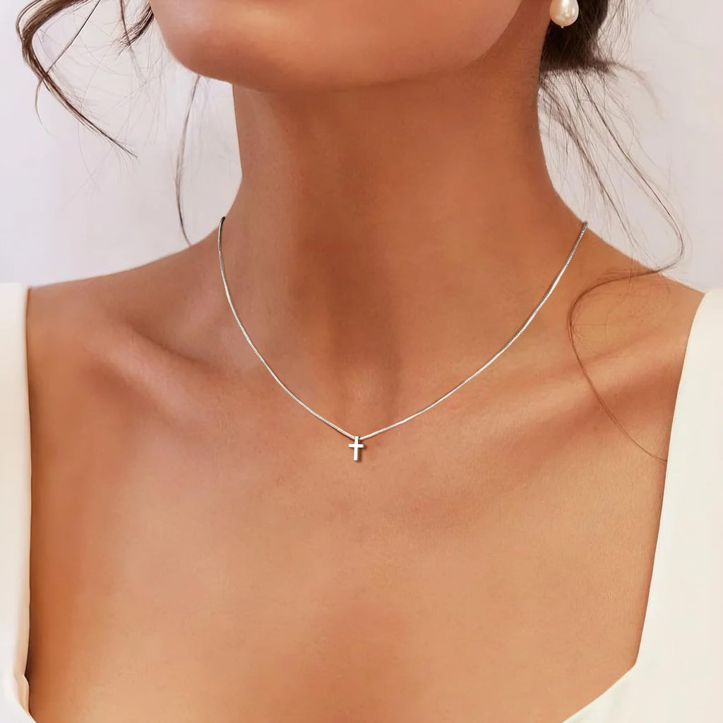 Mothers Day Gift for Daughter Silver Cross Necklaces for Women Dainty Small Choker Necklace Delicate Minimalist Sterling Silver Cross Pendant Necklace, Simple Tiny Cross Jewelry Gift for Mom Daughter