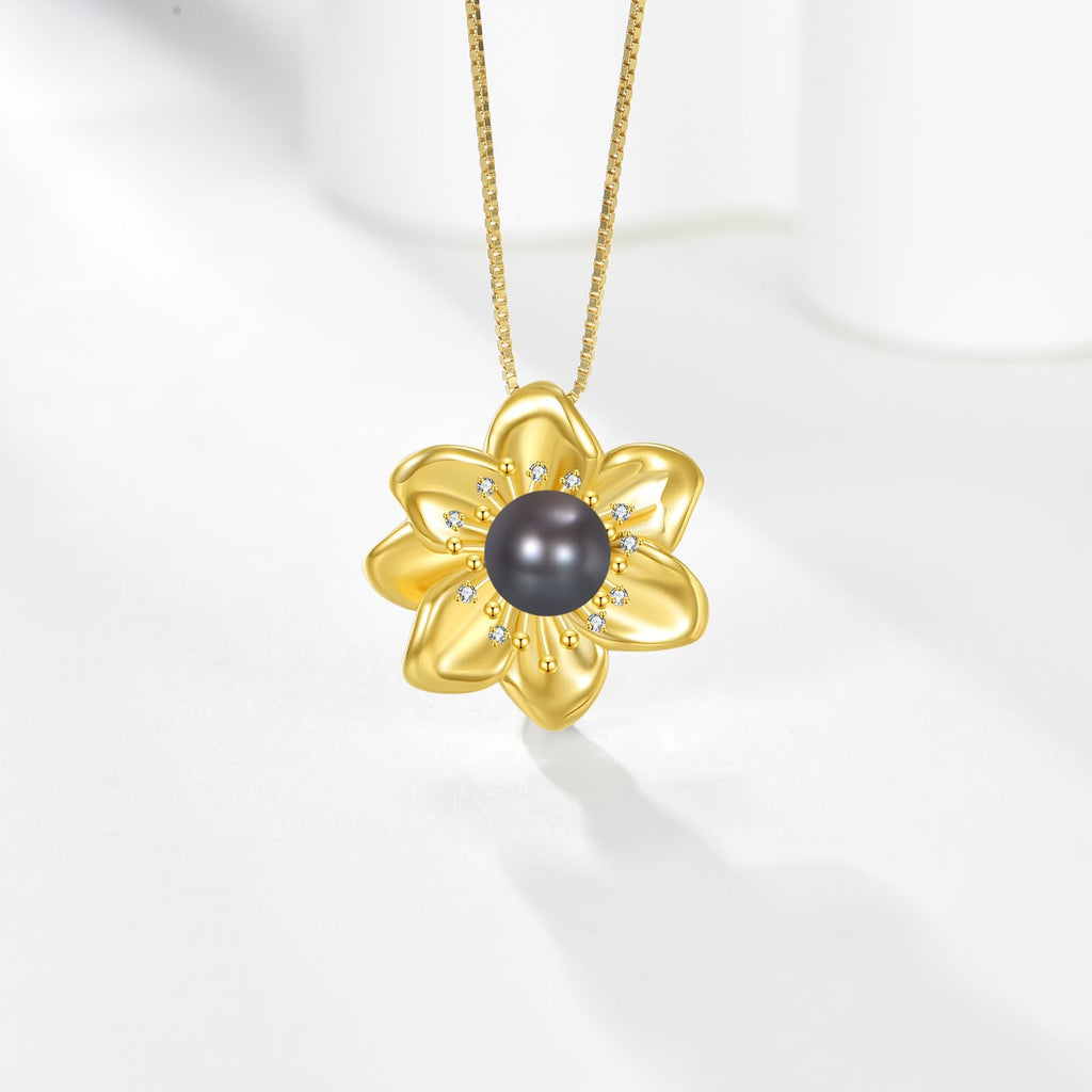 Diamond Flower Necklace for Women, 925 Sterling Silver Freshwater Cultured Black Pearl Pendant Necklaces with Lab Grown Diamonds Jewelry Gifts for Christmas Mothers Day Birthday