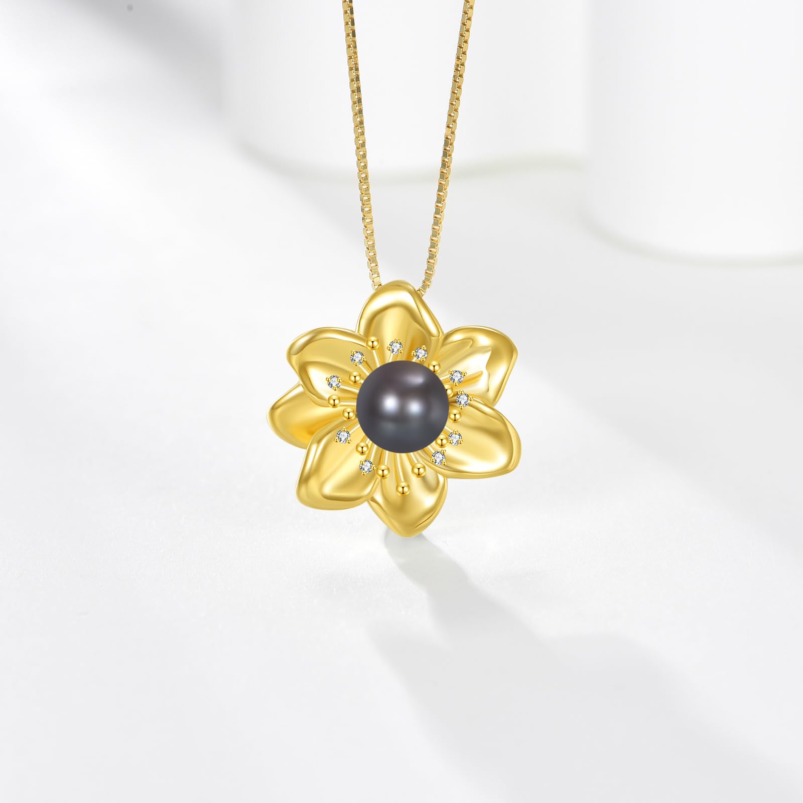 Diamond Flower Necklace for Women, 925 Sterling Silver Freshwater Cultured Black Pearl Pendant Necklaces with Lab Grown Diamonds Jewelry Gifts for Christmas Mothers Day Birthday