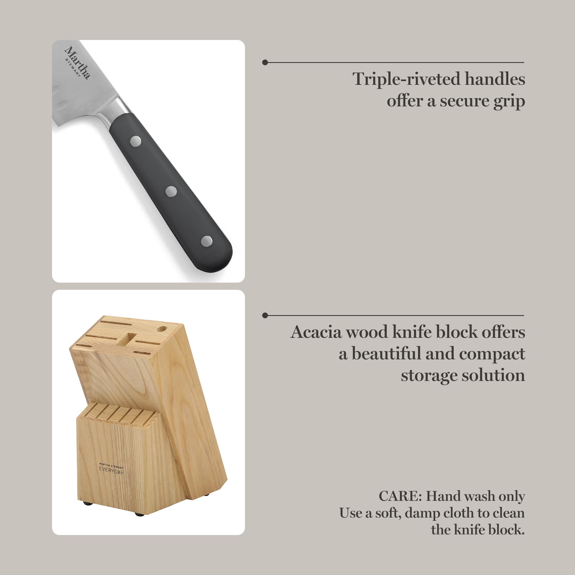 MARTHA STEWART Eastwalk 14 Piece High Carbon Stainless Steel Cutlery Knife Block Set w/ABS Triple Riveted Forged Handle Acacia Wood Block - Gray