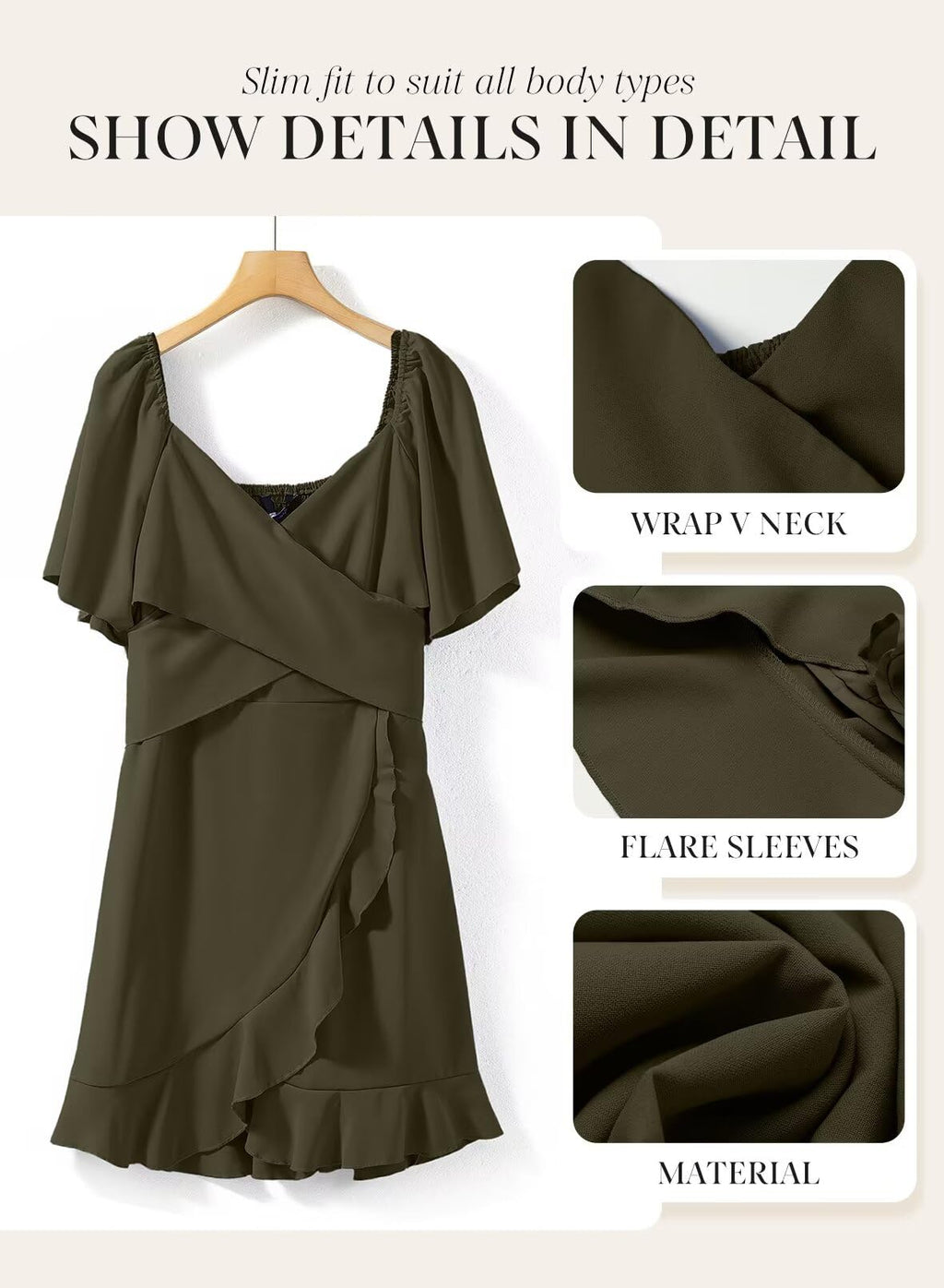 Dokotoo Women's Wrap V Neck Short Sleeve Smocked Elastic Waist Tiered Belted Ruffle Hem Mini Dress Cocktail Dresses for Women Wedding Guest Dress Moss Green L