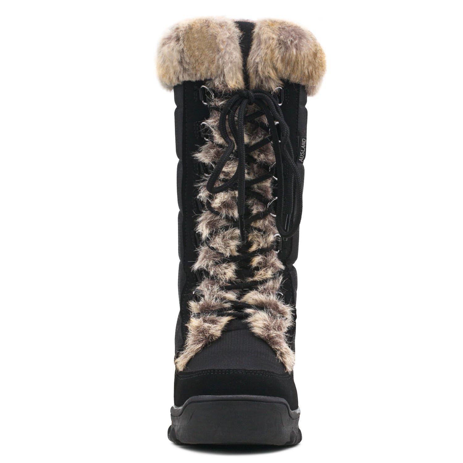 AUSLAND Women's Black Winter Snow Boots Twin Peaks Fur Cuff Mid-Calf Waterproof Lace Up Boots E7623 8US/39EU