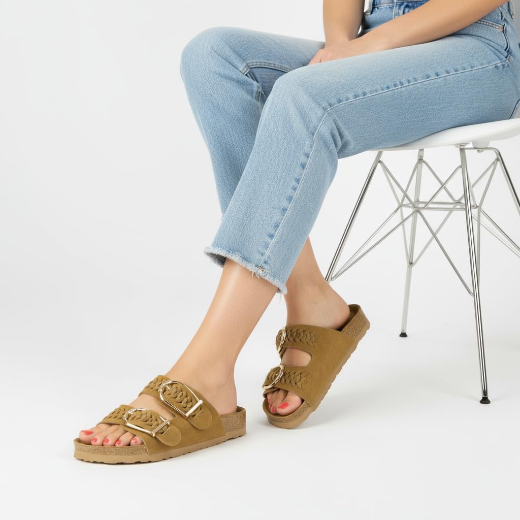 CUSHIONAIRE Cashew Slip On Womens Sandals, Genuine Suede Leather Braided Double Strap Slide On Sandals with Adjustable Big Buckle for Women 2026, Chestnut 8