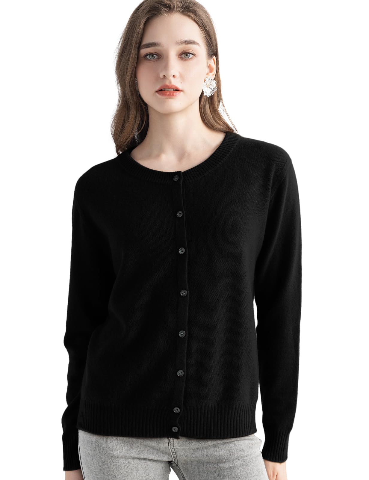 Chanyarn Women's 100% Pure Cashmere Cardigan Crew Neck Long Sleeve 2025 Fall Winter Warm Soft Knit Cardigan Sweater (Black,M)