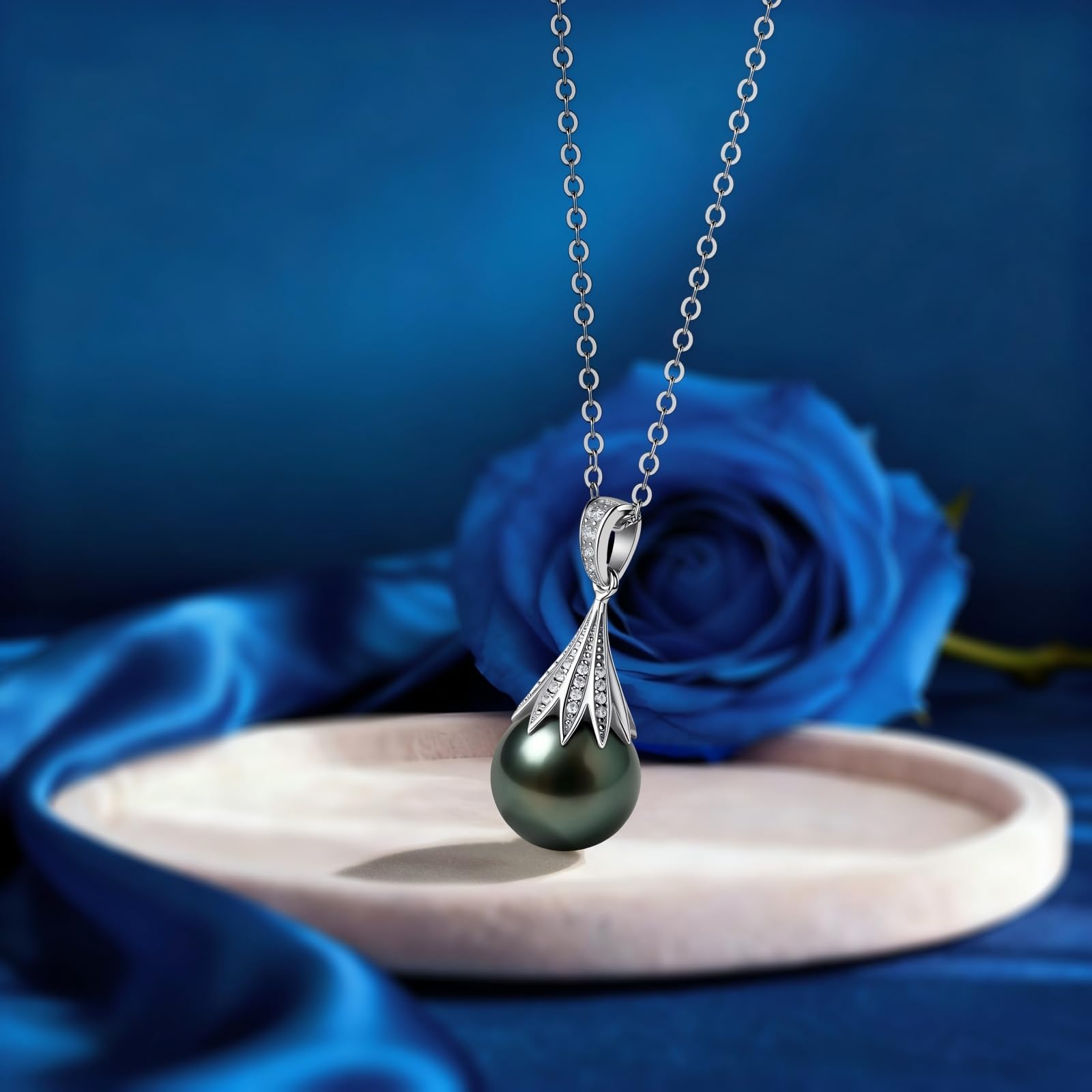 Natural Tahitian Black Pearl Necklace 10-11mm - Christmas Gift for Women Wife, Mom, daughter, Jewelry Gifts for Wedding Anniversary Birthday, Seawater Pearl with Sterling Silver Moissanite Pendant