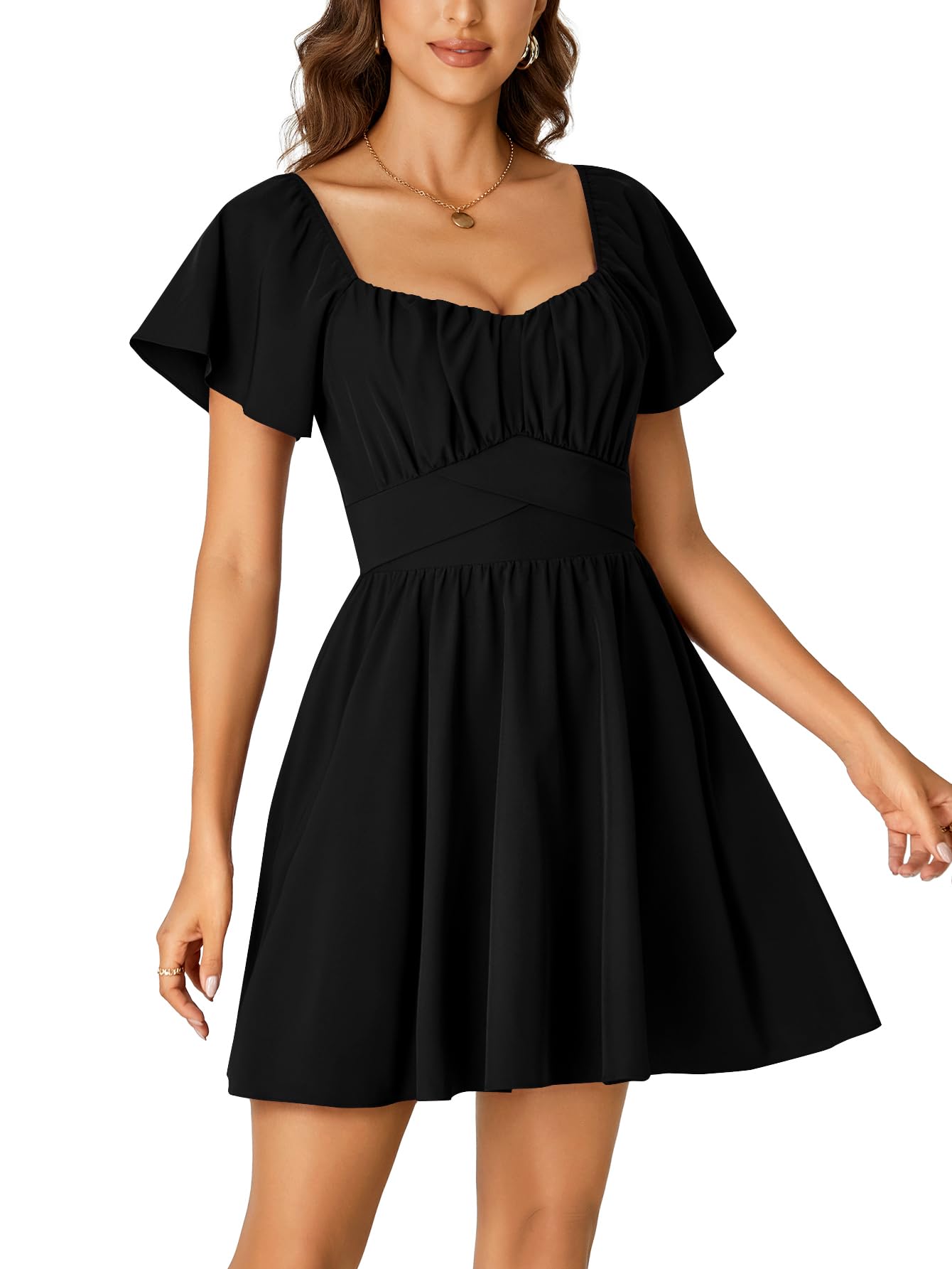 Rooscier Women's Tie Back Square Neck Wrap Ruffle Short Sleeve Flare Mini Dress Black Medium