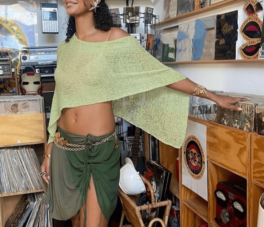 Women Sheer Poncho Top Lightweight Knit Crochet Shrug Bolero Mesh Batwing Sleeve Sweater Cover Up Beachwear