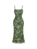 GORGLITTER Women's Floral Spring Summer Wedding Guest Dress Bridal Shower Cocktail Tea Party Beach Midi Sun Dress 2026 Green Floral Small