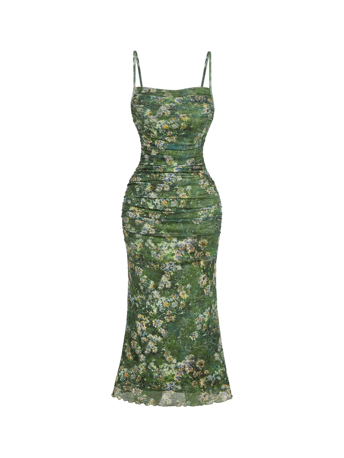 GORGLITTER Women's Floral Spring Summer Wedding Guest Dress Bridal Shower Cocktail Tea Party Beach Midi Sun Dress 2026 Green Floral Small