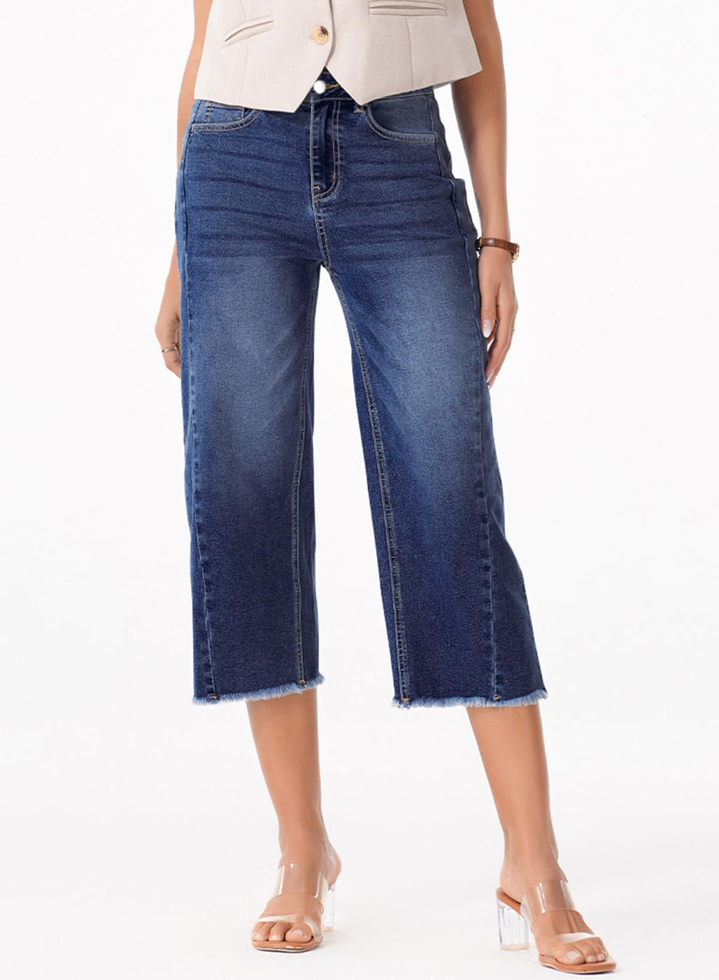 Sidefeel Women's High Waisted Jeans Stretchy Straight Leg Raw Hem Capri Pants Size 8 Dark Blue