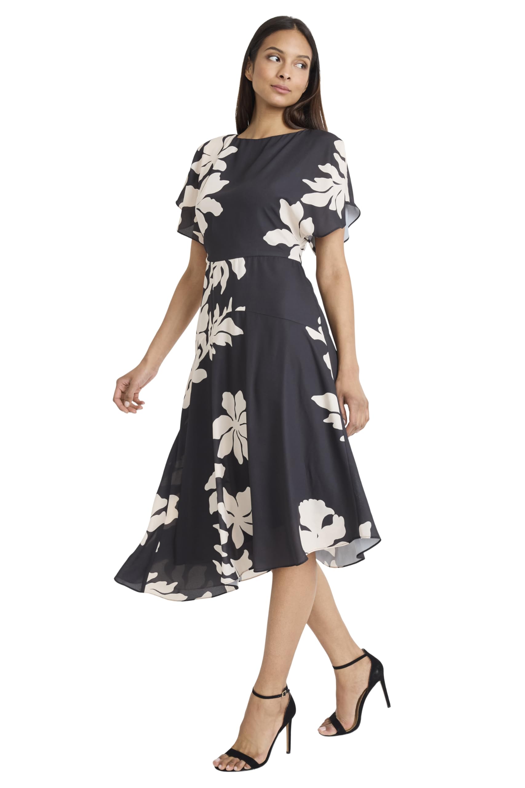 Maggy London - Floral Short Sleeve Boat Neck A-Line Midi Wedding Guest Dresses - 0