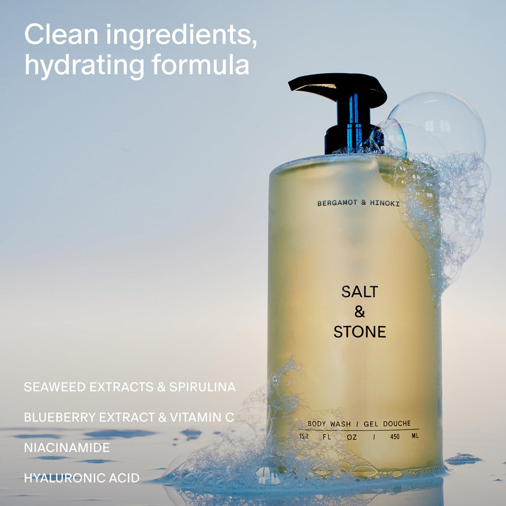 Salt & Stone Body Wash with Antioxidants for Deep Moisture | For Women & Men, Sulfate, Paraben, & Dye Free, Leaving Skin Soft and Hydrated | Bergamot & Hinoki 15.2 fl oz