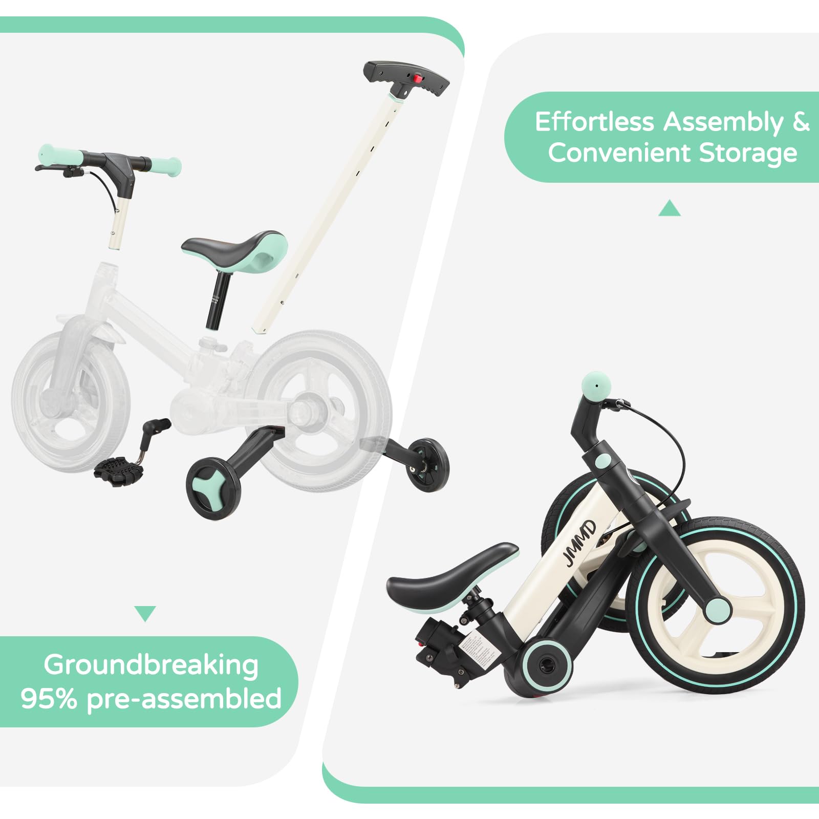 JMMD 6 in 1 Toddler Bike with Push Handle for Kids 18-60 Months, 12" Foldable Balance Bike with Training Wheels, Pedals, Brakes, Kickstand, Push Tricycle Toddler Gift & Toys for Boy & Girl