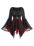 ROSE GAL Plus Size Women Gothic Halloween Costume Two Tone Lace-up Layered Handkerchief Hem Bell Sleeve Goth Top(Black/2X)