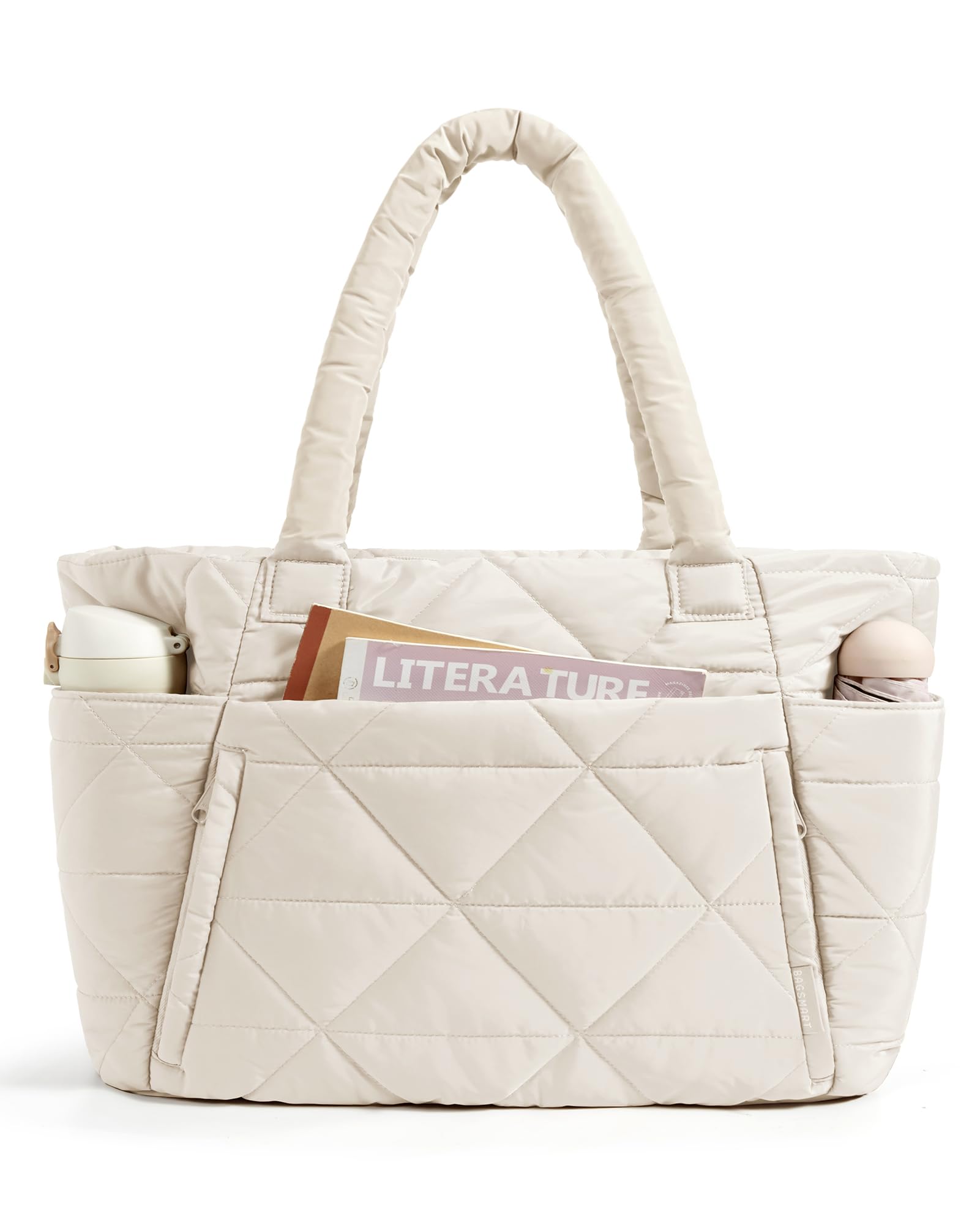 BAGSMART Tote Bag for Women, Puffy Tote Bag with Zipper, Large Quilted Shoulder Bag with Compartments for Travel, Work, Gym (Beige)