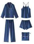 SAPJON Satin Silk Pajamas for Women Set 5PCS Classic Button Down Pajamas Top and Pants Cami and Ruffle Shorts Sleepwear Navy