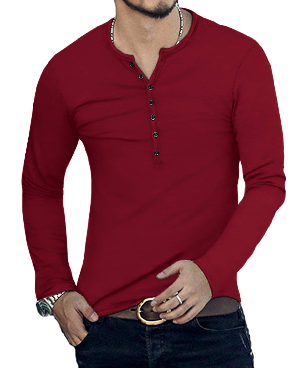 YTD Mens Casual Slim Fit Basic Henley Long Sleeve Fashion T-Shirt XXL Wine Red