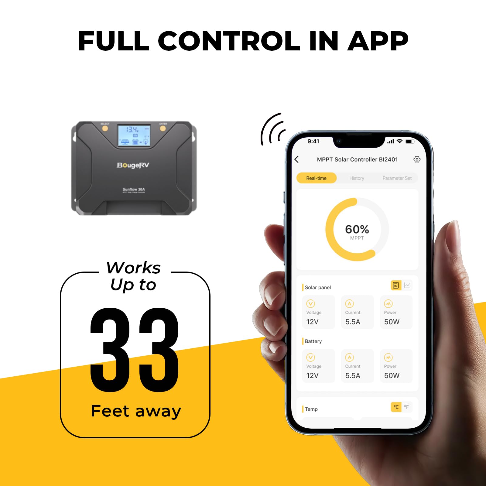 BougeRV MPPT Solar Charge Controller 30A, w/ Low-Temp Cut-Off, APP Control, Backlit LCD, 30 Amp Solar Panel Regulator 12V/24V for LiFePO4, SLD, Gel, FLD, AGM Battery, RV, Marine, Upgraded