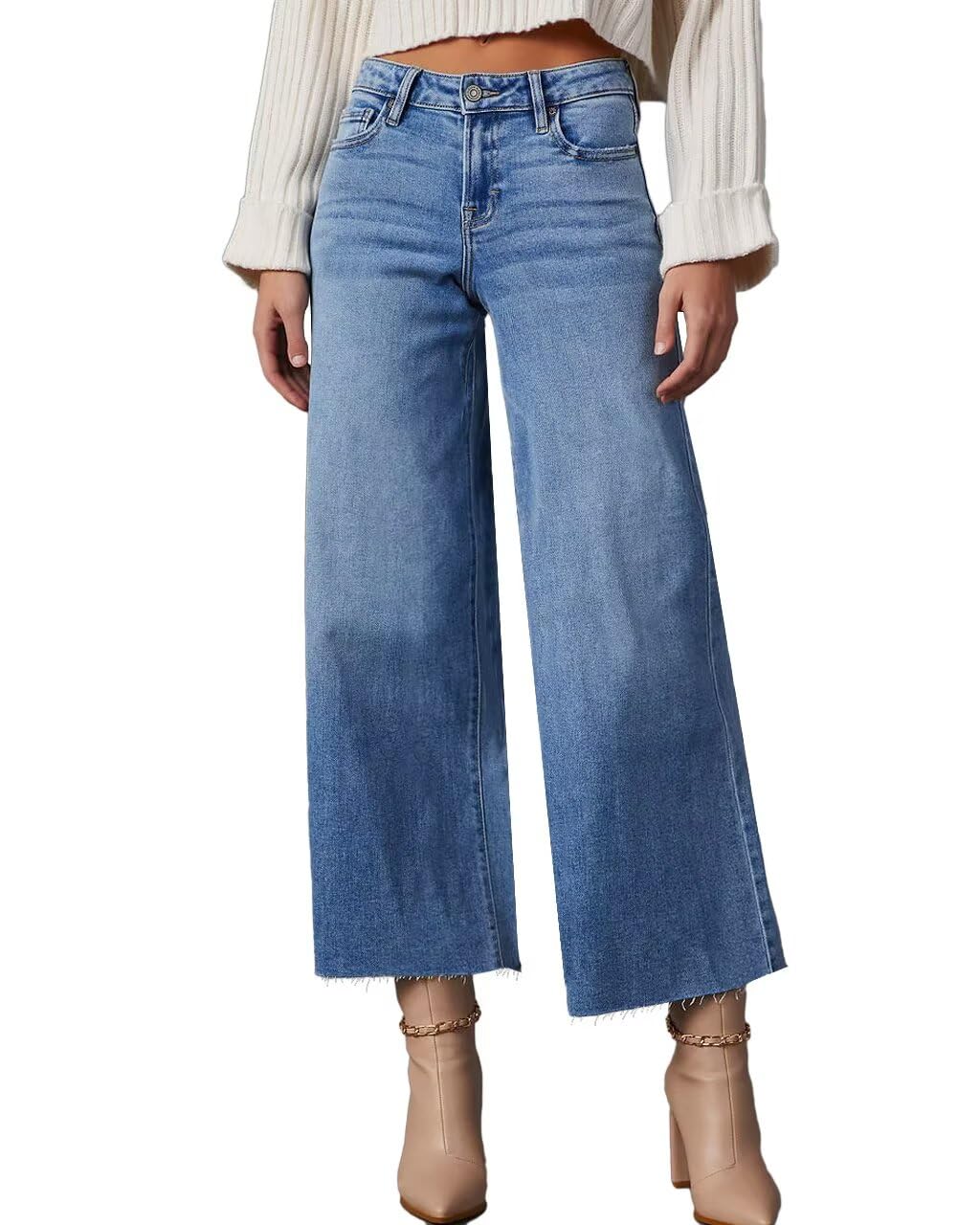 Allimy Womens High Waisted Capri Pants Wide Leg Pants Woman Cropped Jeans Baggy Barrel Jeans for Women Trendy Denim Blue Size 8