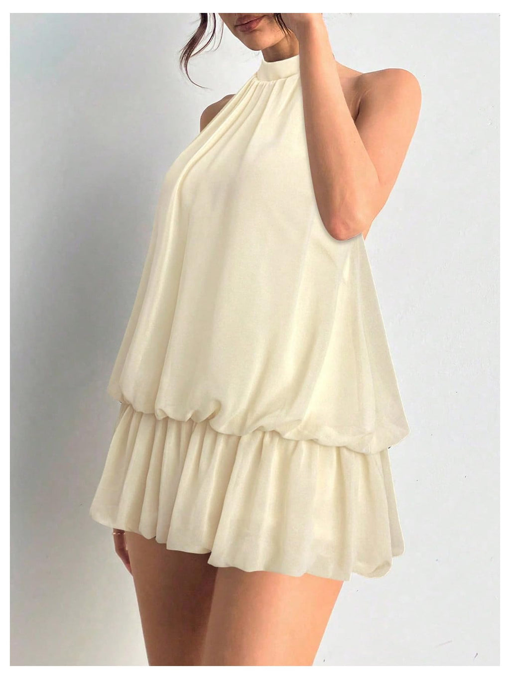 Floerns Women's Y2k Summer Halter Dress Tie Open Back Sleeveless Ruffle Hem Bubble Going Out Mini Dresses Apricot Small