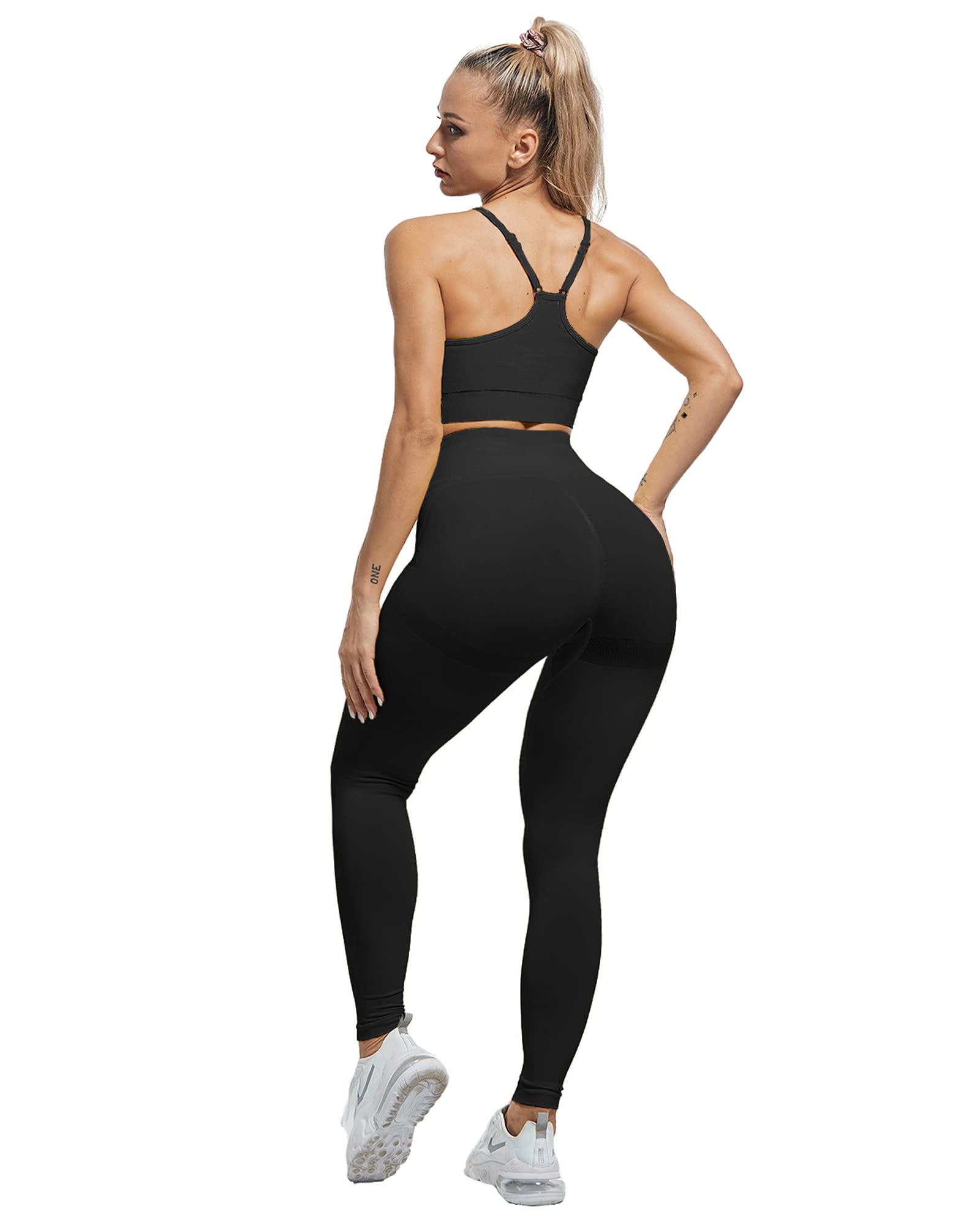 CHRLEISURE Workout Leggings Sets for Women, Gym Scrunch Butt Butt Lifting Seamless Leggings 3 Piece (3*Black, L)