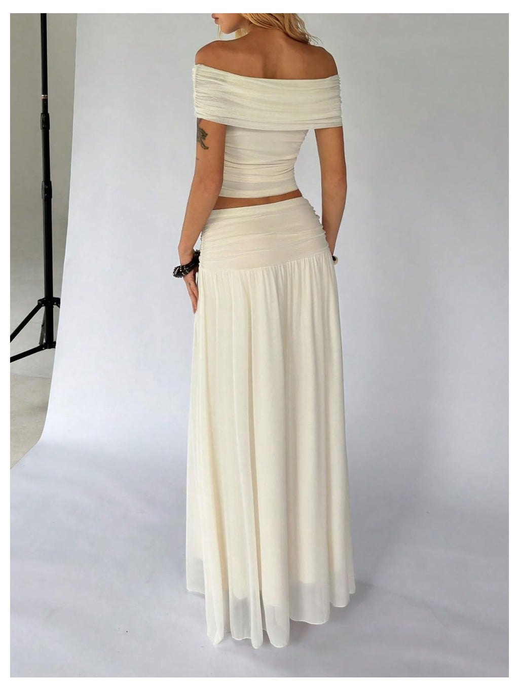 WDIRARA Women's 2 Piece Skirt Outfits Ruched Off Shoulder Top Maxi Skirt Set Beach Vacation Outfits Apricot Medium