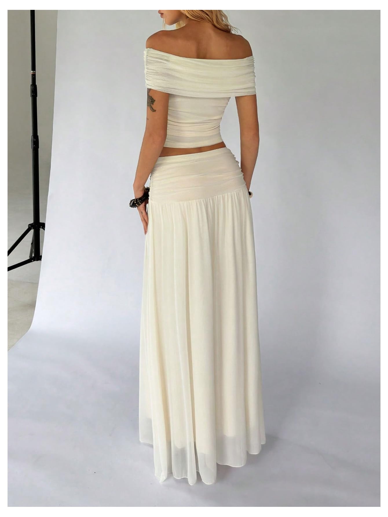 WDIRARA Women's 2 Piece Skirt Outfits Ruched Off Shoulder Top Maxi Skirt Set Beach Vacation Outfits Apricot Medium