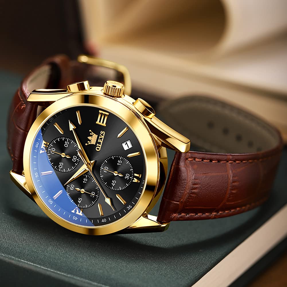 OLEVS Men's Round Watches with Leather Band Auto Date Quartz Watches for Men Black Dial Roman Number Men's Chronograph Watch Rose Gold Bezel Three Hands Classic Mens Sports Wristwatch Reloj De Hombre