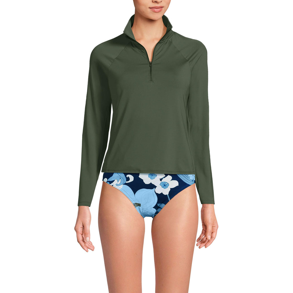 Lands' End Women's Long Torso Sunshade UPF 50 Quarter Zip Rash Guard X-Small Rich Olive Green