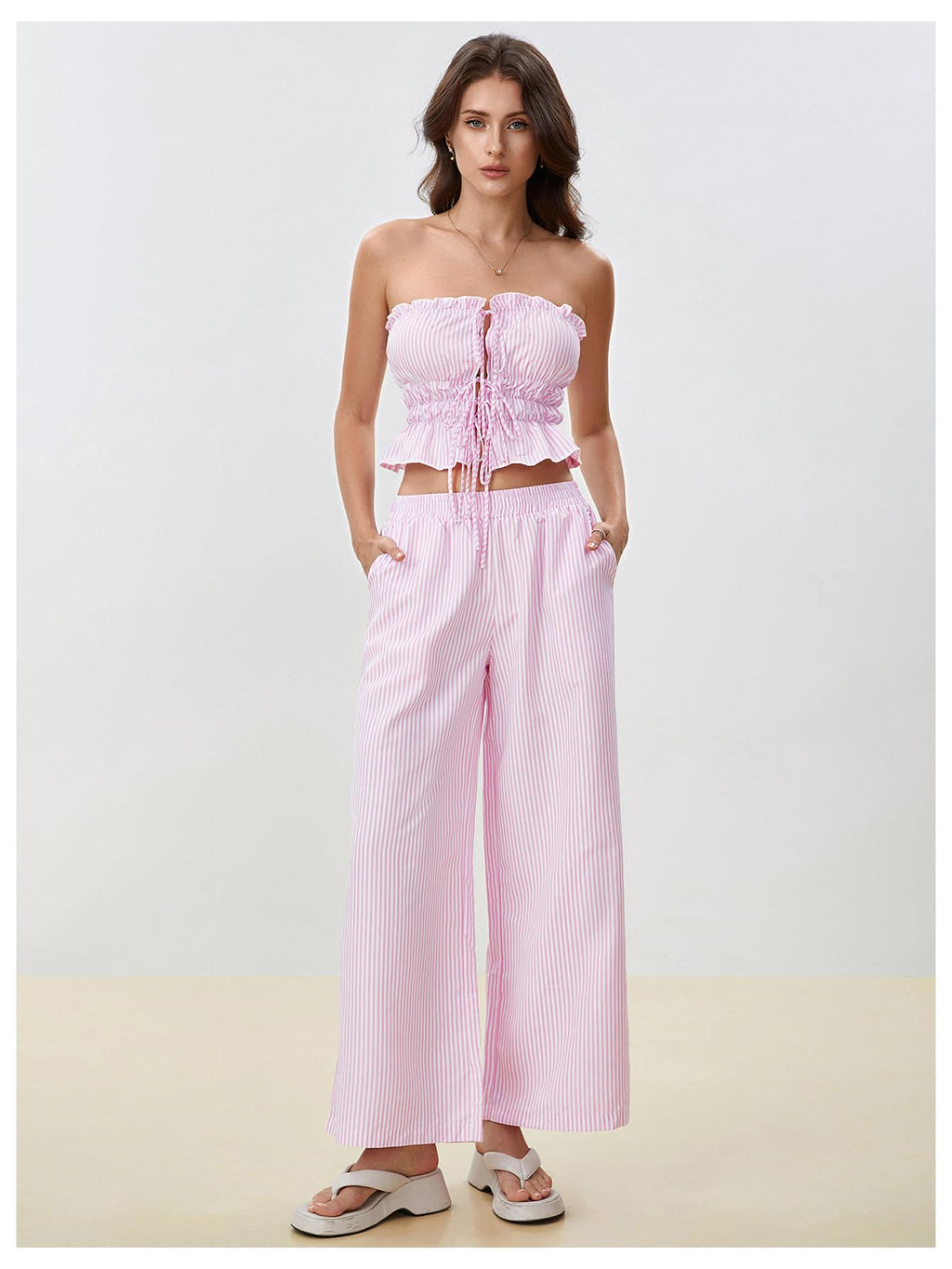 WDIRARA Women's Striped 2 Piece Pants Set Strapless Tie Bandeau Wide Leg Pants Outfits Pink White X-Small