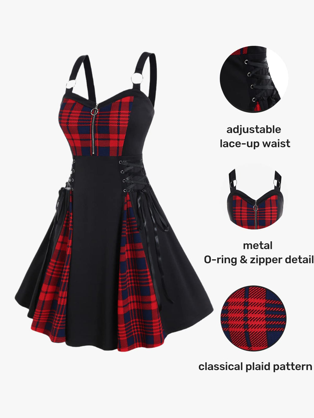 ROSE GAL Gothic Lace Up Plaid Half Zipper Fit and Flare Gothic Dress（Black-219/2X）