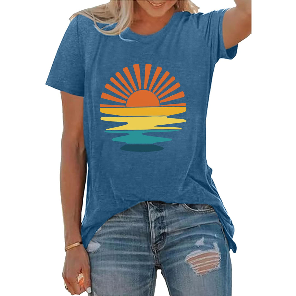 LOOKFACE Women Crewneck Cute Graphic Short Sleeve T Shirts Heather Indigo X-Large