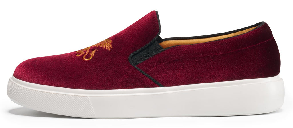 Journey West Men's Fashion Velvet Sneakers with Embroidery Light Weight Comfortable Slip-On Walking Shoes for Men Lion Burgundy US 8.5