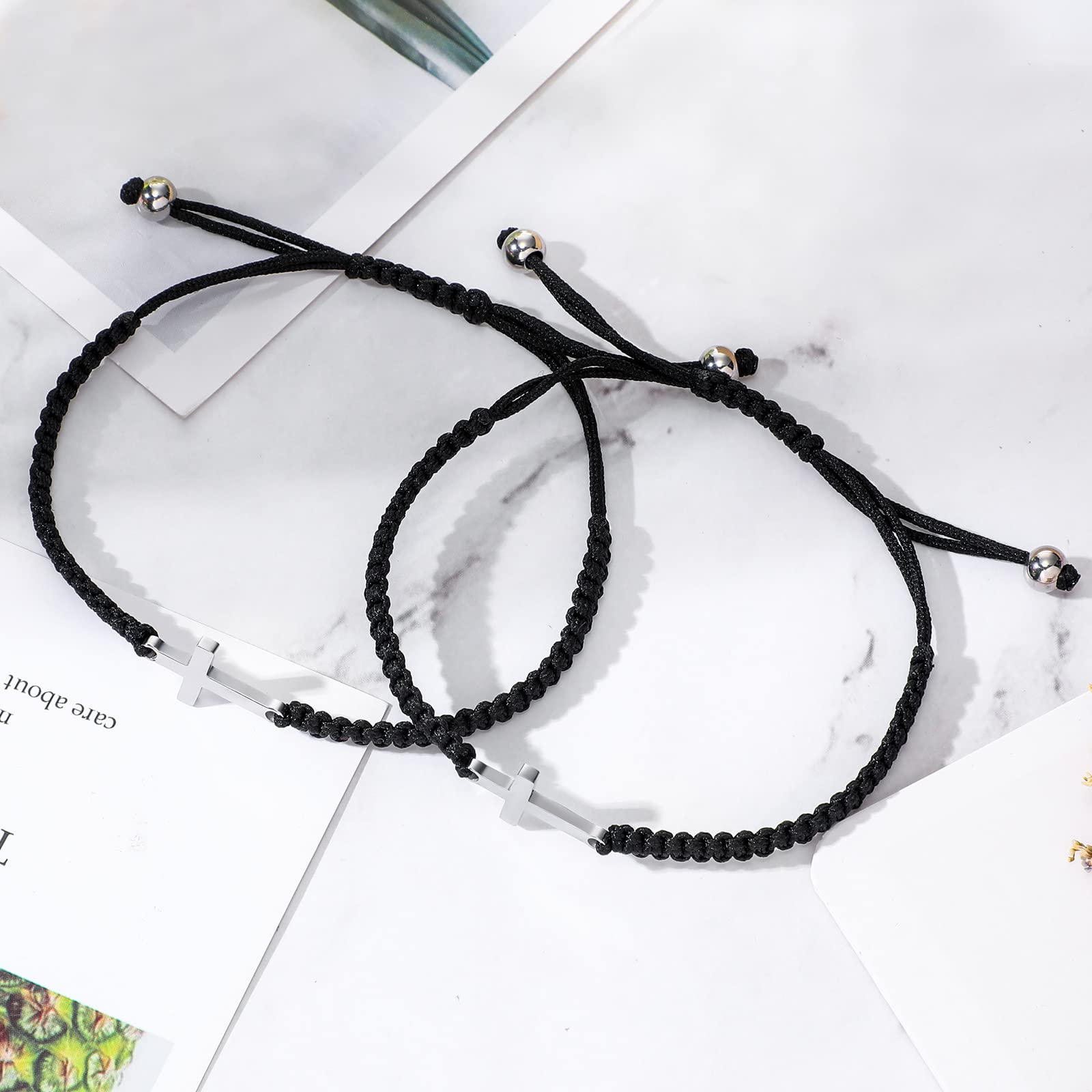 Sureio Cross Friendship Bracelet Adjustable Braided Rope Jesus Christian Cross Bracelets Matching Couple String Lucky Strand BFF Wristband for Women Men Boy Girls Easter Baptism (Black)