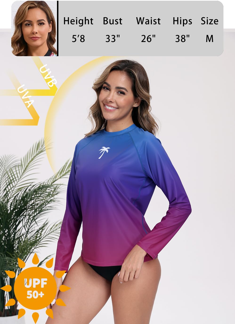 Halcurt Women's Long Sleeve Rash Guard Swim Shirts Quick Dry UPF50+ UV Sun Protection Swimsuit Top Ombre Blue M