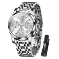 Taxau Silver Watches for Men Stainless Steel Chronograph White Face Multi-Function Men Wristwatch Analog Quartz Fashion Roman Numeral Date Men's Dress Watches Water Resistant Luminous Watch