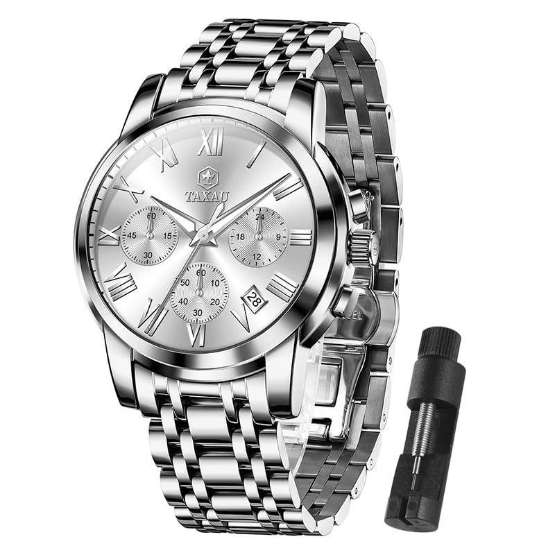 Taxau Silver Watches for Men Stainless Steel Chronograph White Face Multi-Function Men Wristwatch Analog Quartz Fashion Roman Numeral Date Men's Dress Watches Water Resistant Luminous Watch