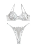 Lilosy Petite Sexy Satin Mesh Floral Sheer Embroidered Underwire Lingerie Set 2 Piece Women Push Up See Through Matching Bra Panty White XX-Small