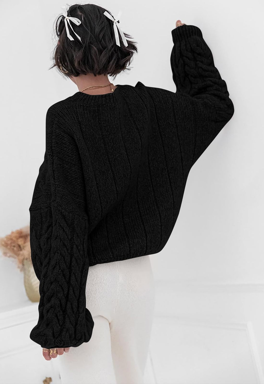 PRETTYGARDEN Womens Sweaters Spring 2026 Cable Knit Long Sleeve Crewneck Oversized Sweater Chunky Pullover Loose Outfits (Black, Medium)